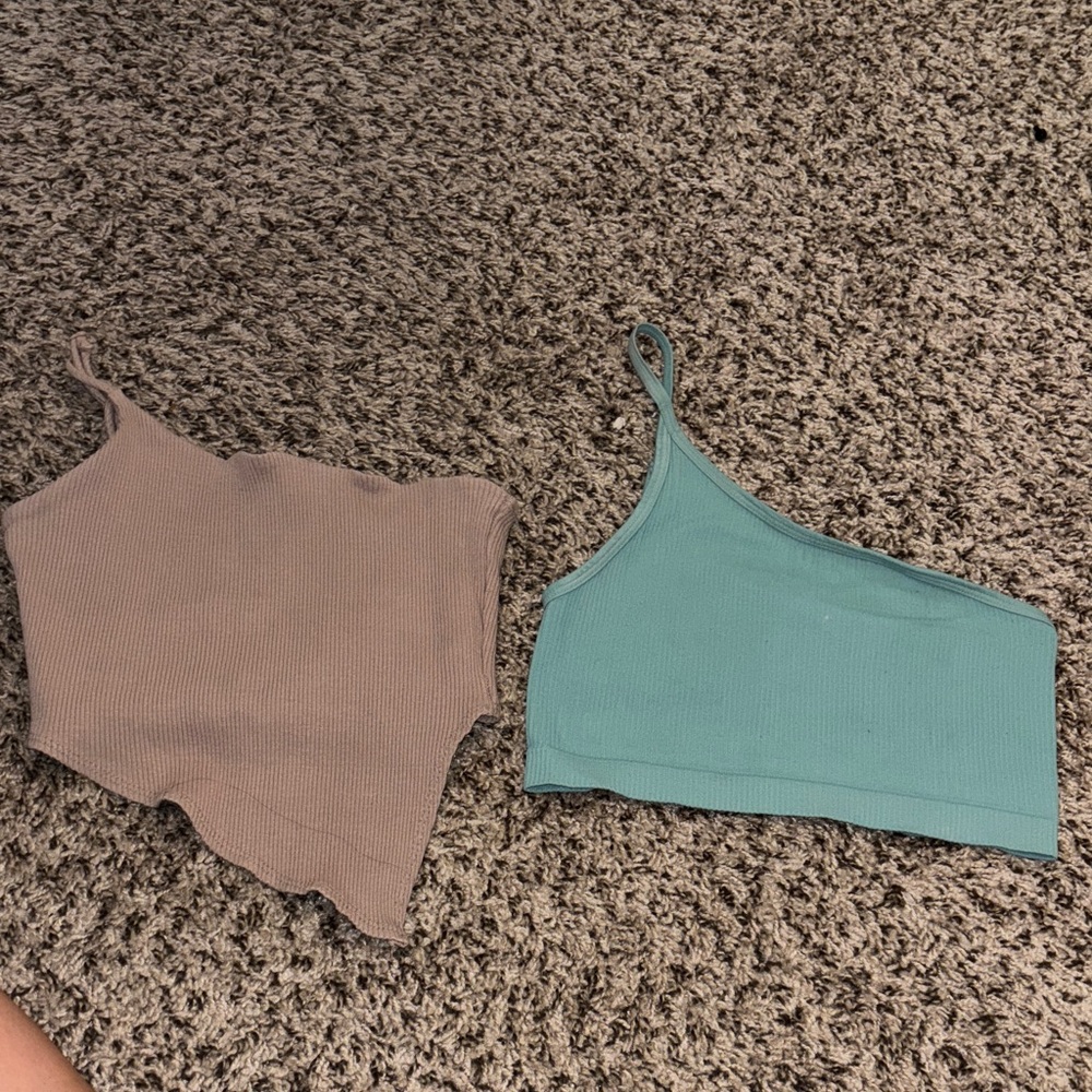 Asymmetrical Ribbed Crop Tops in Brown and Teal